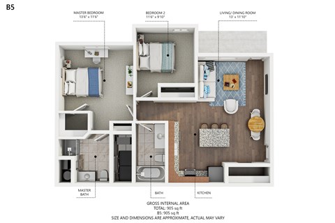 A diagram of apartment B5 with master bedroom, living/dining room, bedroom 2, bath, and kitchen.